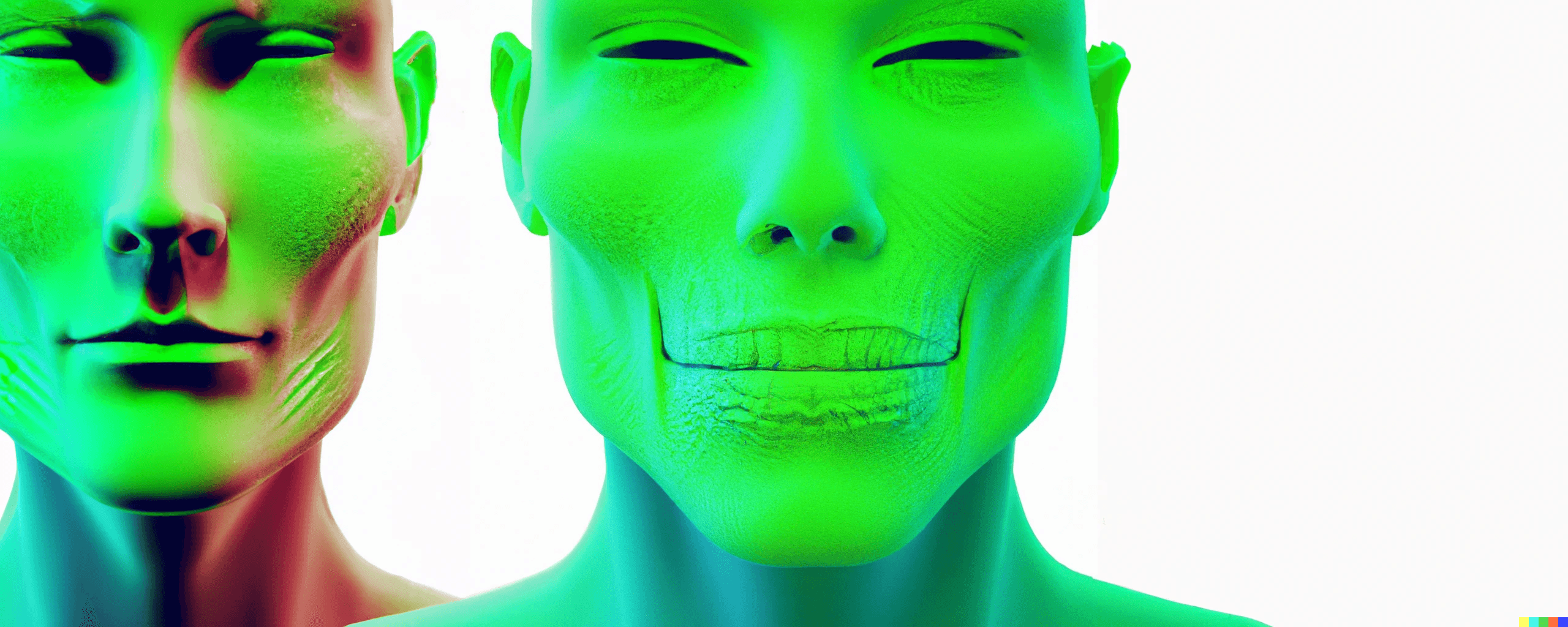 nightmare fuel dall-e generated image with the prompt "green skin, skull like face, shallow nose, thin lips"