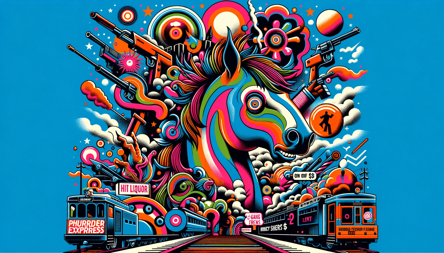 Create a wide 16:9 digital illustration as album art for Shudder to Think's Pony Express Record, without any text. Focus on surreal, abstract representations of the album's themes, drawing inspiration from song titles like 'Hit Liquor', 'Gang of $', and 'X-French Tee Shirt'. Use vibrant colors and dynamic shapes to convey the eclectic and experimental nature of the album, while keeping the design purely visual without text.