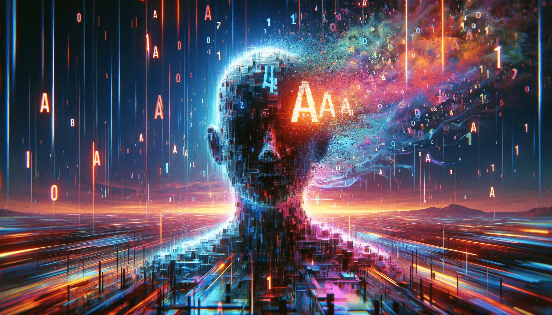 DALL-E prompt: Create a surreal and glitchy scene that visually represents the concept of an AI being disrupted by a simple, repetitive input of 'a a a a'. The image should feature a digital landscape dominated by a large, central figure symbolizing the AI, with its surface breaking apart or distorting intensely in areas where the glitch is most concentrated. Surround this figure with streams of binary code and digital elements that suddenly scatter or warp into chaotic patterns around the 'a a a a' input, which appears prominently in the scene as glowing, floating characters that emit a disruptive energy. The environment should embody a stark contrast between the orderly flow of digital information and the sudden, disordered, and colorful glitch effects caused by the repetitive input. Include visual cues like broken pixels, color aberrations, and erratic digital noise to emphasize the glitchy and unpredictable nature of the bug, showcasing the AI's struggle to process the input logically. This portrayal should vividly convey the idea of an AI encountering a bug that leads to bizarre and unexpected outputs, highlighting the theme of technology behaving in unpredictable ways.