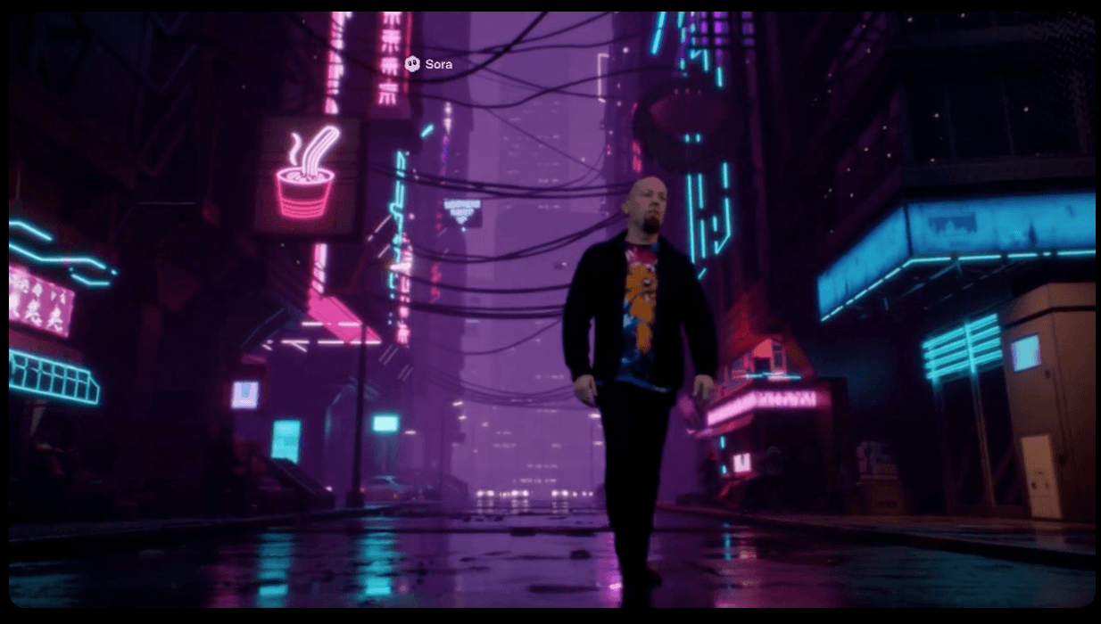 screenshot from a sora ai-generated video featuring a version of me walking through a cyberpunk lcity