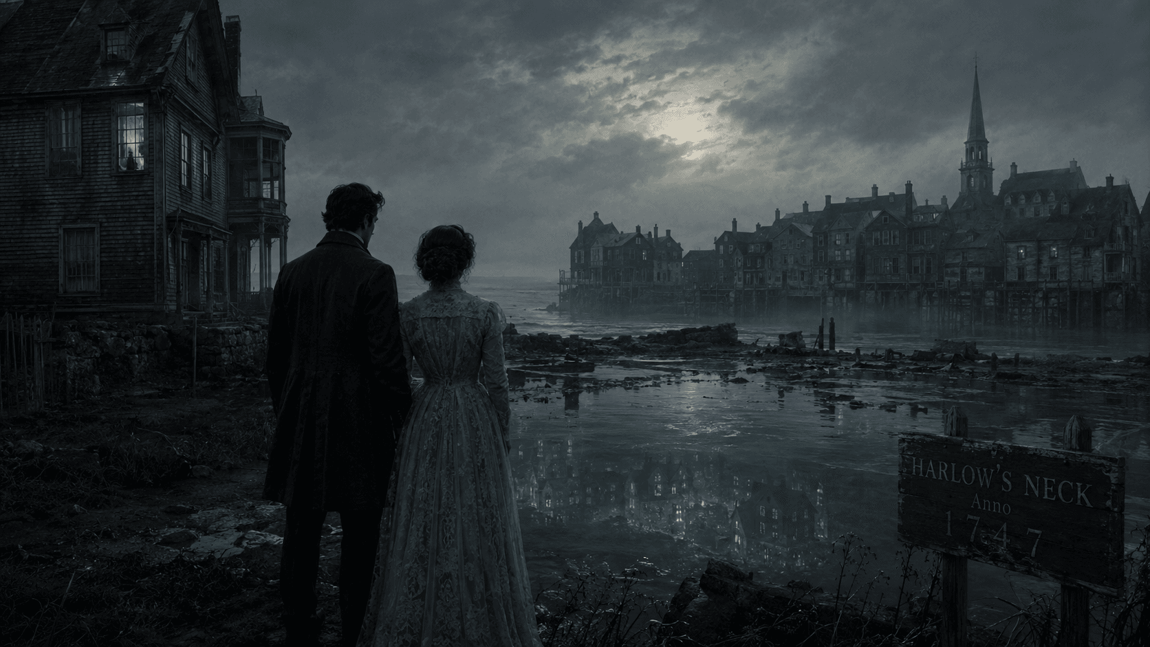 A moody gothic coastal scene showing a man and woman in vintage clothing standing beside a flooded ruin, with a dark waterfront town, a weathered house, stormy skies, and eerie submerged buildings visible beneath the water.
